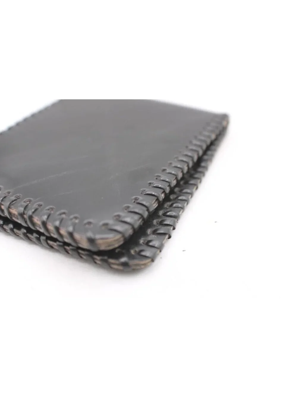 Large Stitched Border Black Leather Bi-Fold Wallet ID Window Card Slots Vintage